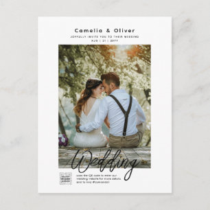 MINIMALIST White & Black Wedding PHOTO QR CODE In Postcard