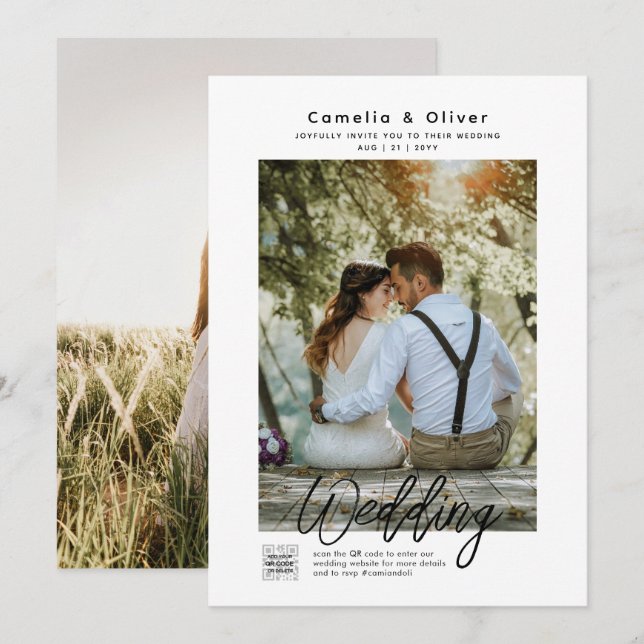  MINIMALIST White & Black Wedding PHOTO QR CODE Invitation (Front/Back)
