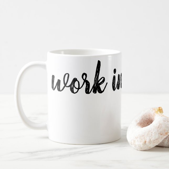 Minimalist White & Black 'Work In Progress' Office Coffee Mug (With Donut)