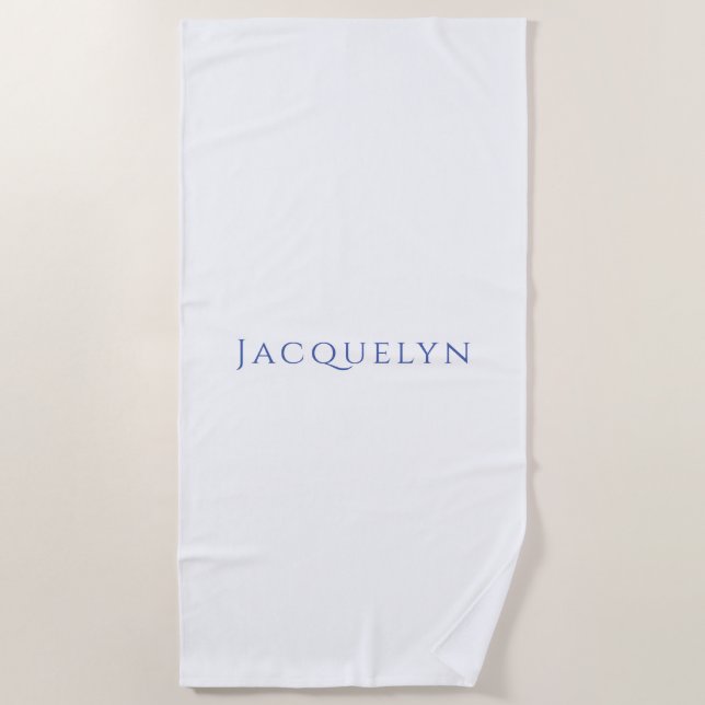 Minimalist White Blue Plain Elegant Modern Name Beach Towel (Front)