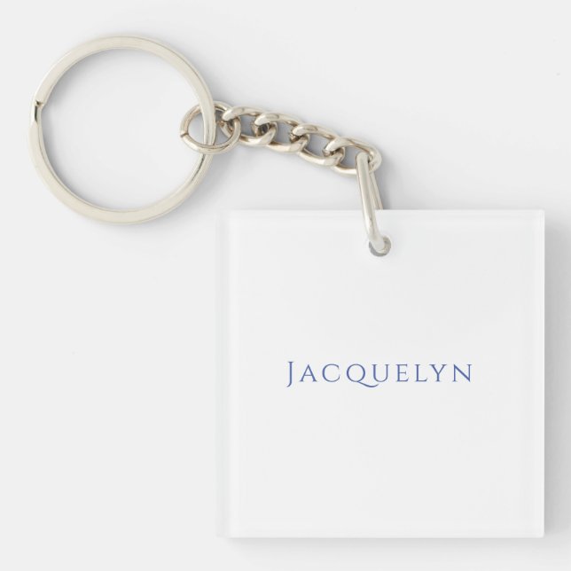 Minimalist White Blue Plain Elegant Modern Name Key Ring (Front)
