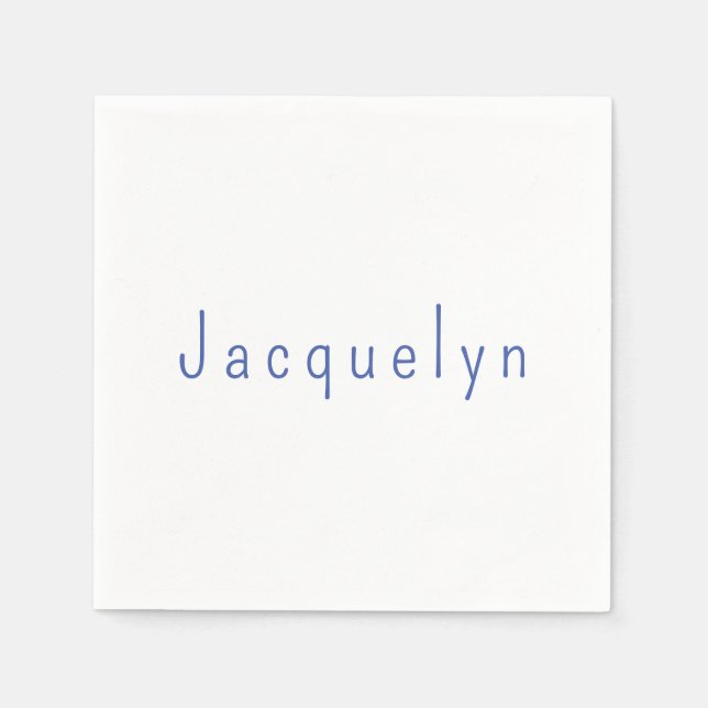 Minimalist White Blue Plain Elegant Modern Name Napkin (Front)