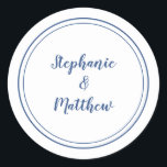 Minimalist White Blue Wedding Bride Groom Favour Classic Round Sticker<br><div class="desc">Simple, minimalist and chic Wedding design features bride & groom's names in a modern design with a double framed border in Classic Blue on a chic crisp white background. The modern design is simple and chic. Personalise wedding details with your names in trendy blue script. Be sure to see the...</div>