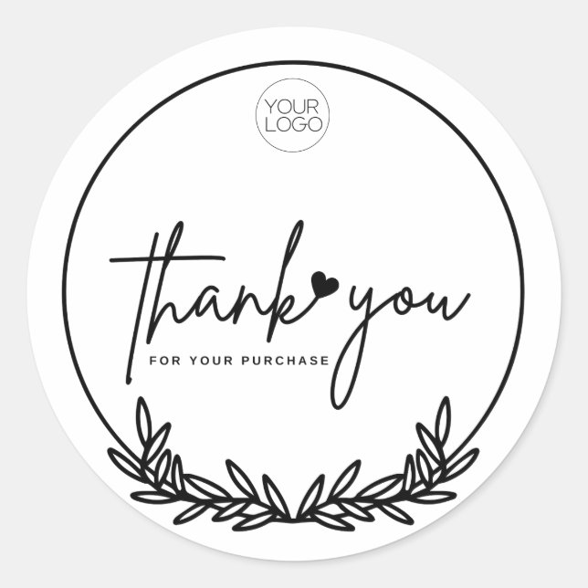 Minimalist White Botanical Thank You Custom Logo Classic Round Sticker (Front)