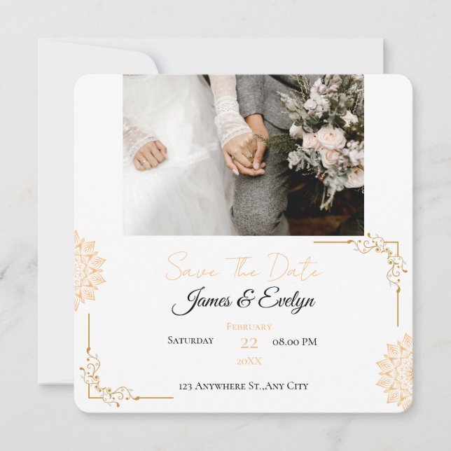 Minimalist white brown wedding save the date (Front)