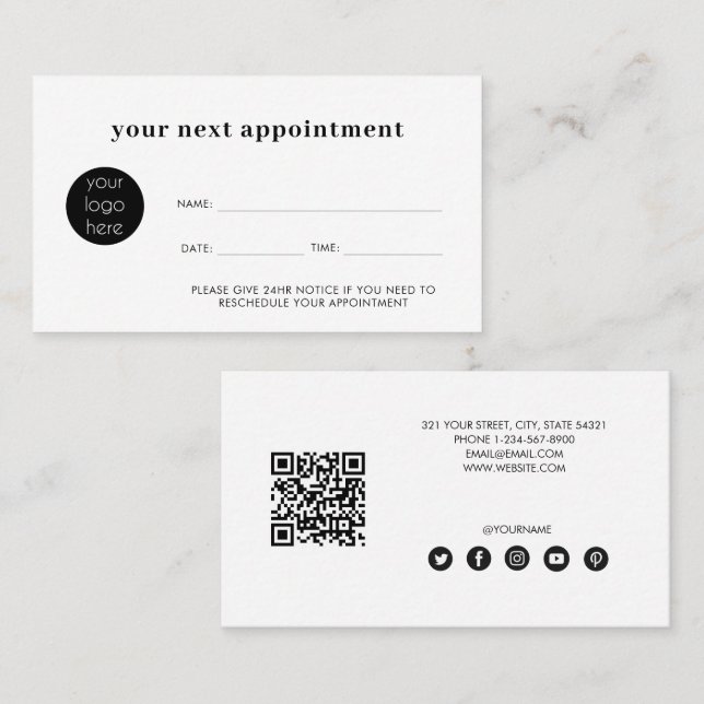 Minimalist White Business Next Appointment Card (Front/Back)