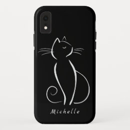 Minimalist White Cat On Black Add Name Case-Mate iPhone Case