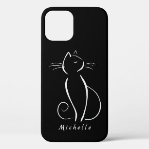 Minimalist White Cat On Black Add Name iPhone 12 Case