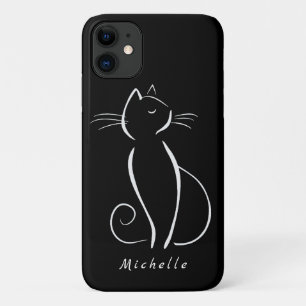 Minimalist White Cat On Black Add Name Case-Mate iPhone Case