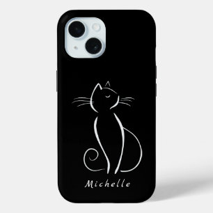 Minimalist White Cat On Black Add Name iPhone 15 Case