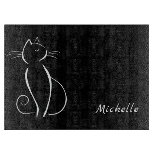 Minimalist White Cat On Black Add Name Cutting Board