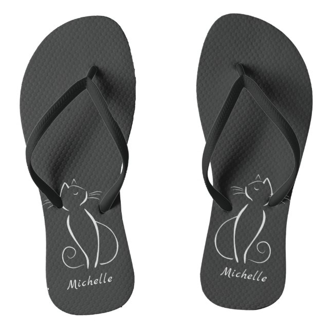 Minimalist White Cat On Black Add Name Jandals (Footbed)