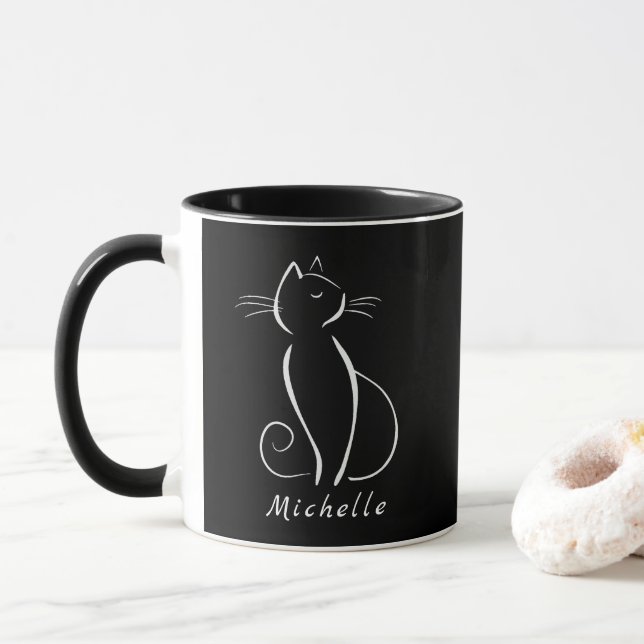 Minimalist White Cat On Black Add Name Mug (With Donut)