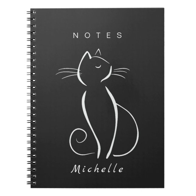 Minimalist White Cat On Black Add Name Notebook (Front)