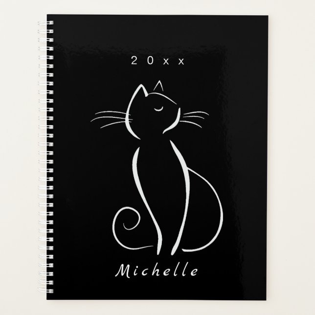 Minimalist White Cat On Black Add Name Planner (Front)