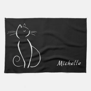 Minimalist White Cat On Black Add Name Tea Towel