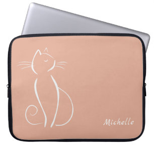 Minimalist White Cat On Pink Add Name Laptop Sleeve