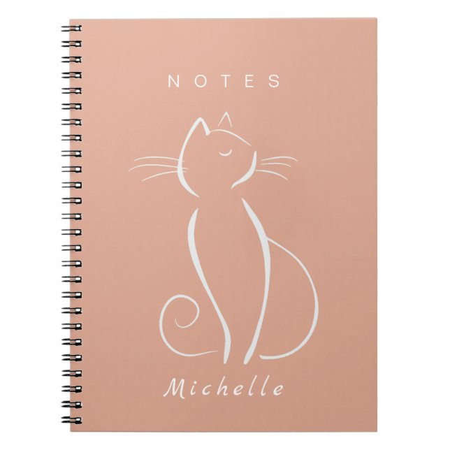 Minimalist White Cat On Pink Add Name Notebook (Front)