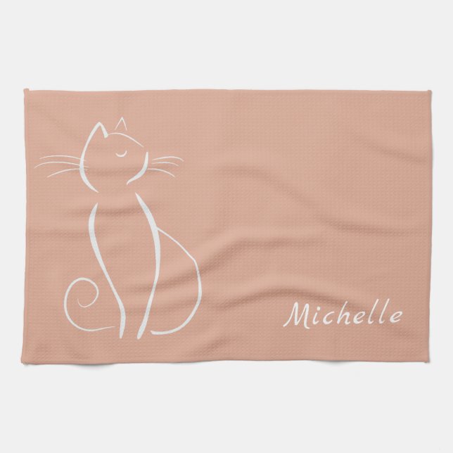 Minimalist White Cat On Pink Add Name Tea Towel (Horizontal)