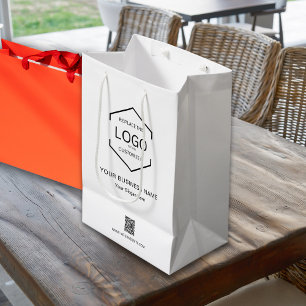 Minimalist White Company Name QR Code Logo Medium Gift Bag