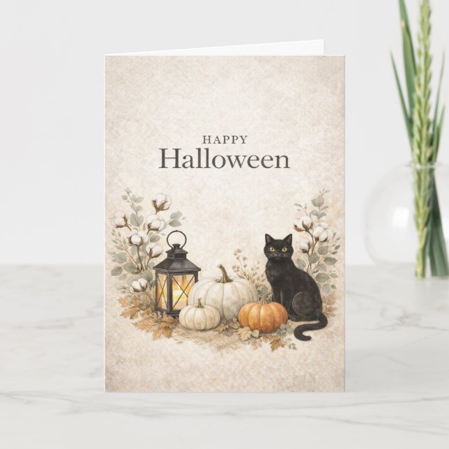 Minimalist White Cotton Stems Eucalyptus Halloween Card (Front)