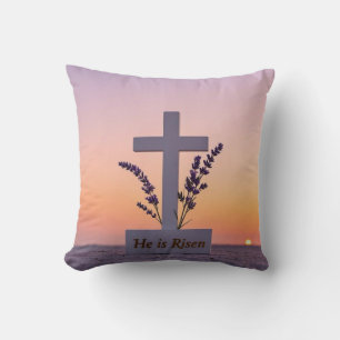 Minimalist white cross adorned with lavender cushion