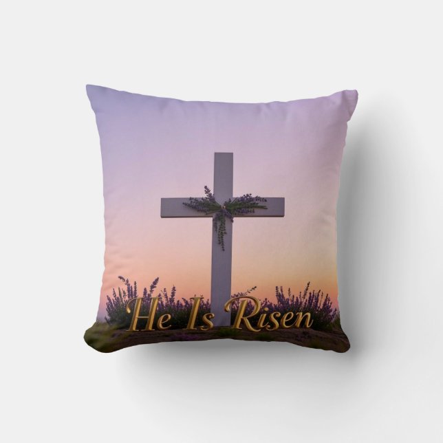 Minimalist white cross adorned with lavender  cushion (Front)