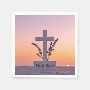 Minimalist white cross adorned with lavender napkin