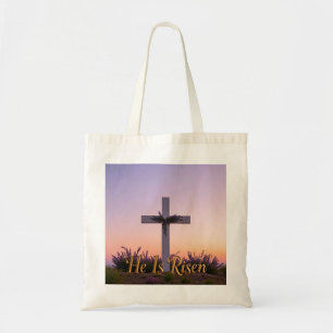 Minimalist white cross adorned with lavender  tote bag