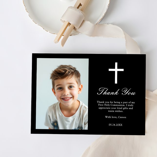 Minimalist White Cross Boys First Communion Photo Thank You Card (Creator Uploaded)