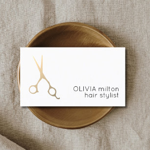 Minimalist White Faux Gold Scissors Hair Stylist Business Card