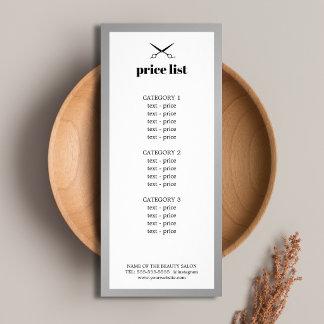 Minimalist White Faux Silver Beauty Price List Rack Card