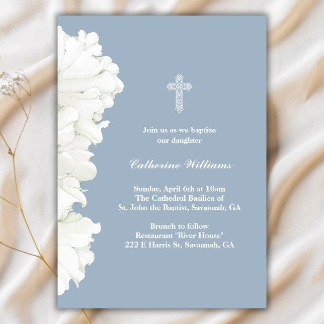 Minimalist White Flowers Dusty Blue Baptism Invitation (Minimalist White Flowers Dusty Blue Baptism Invitation)