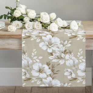 Minimalist White Flowers Taupe Table Runner