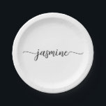 Minimalist White Girly Calligraphy Monogram Script Paper Plate<br><div class="desc">Modern Minimalist Elegant White Feminine Monogram Name Script Signature Custom Personalised Paper Plates. This design featuring your first name in a pretty hand lettered style swash tail font signature typography (or calligraphy) in black colour on white background. These are easy to customise it. Great for housewarming, also for birthday, wedding,...</div>
