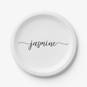 Minimalist White Girly Calligraphy Monogram Script Paper Plate