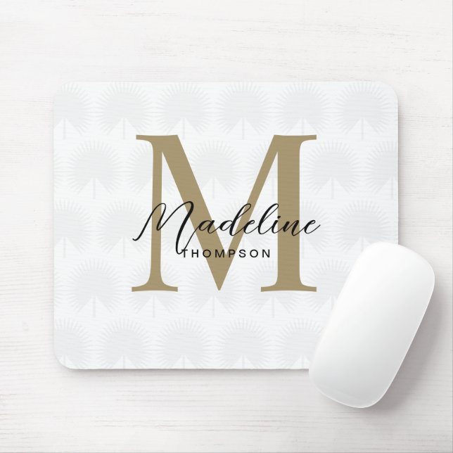 Minimalist White Gold Anahaw Leaf Script Monogram Mouse Pad (With Mouse)