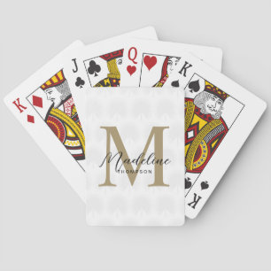 Minimalist White Gold Anahaw Leaf Script Monogram Playing Cards