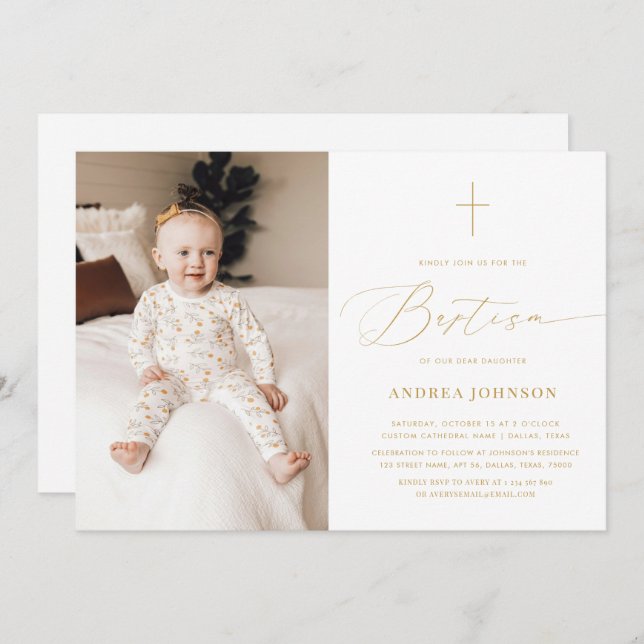 Minimalist White Gold Elegant Script Photo Baptism Invitation (Front/Back)