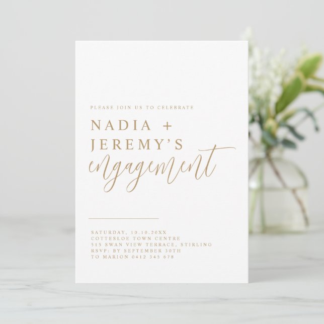 Minimalist White & Gold Engagement Party Invitation (Standing Front)
