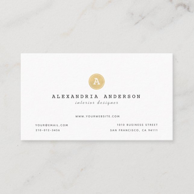 Minimalist White Gold Monogram Business Card (Front)