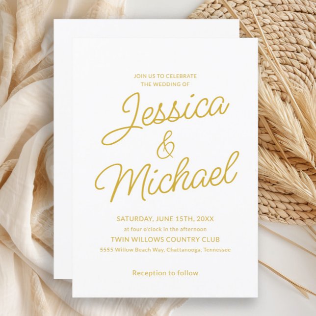 Minimalist White Gold Script Wedding  Invitation (White and gold wedding invitation)