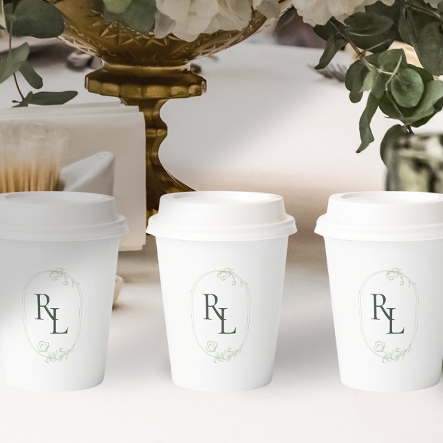 Minimalist White & Green Couple Monogram Wedding  Paper Cups (Creator Uploaded)
