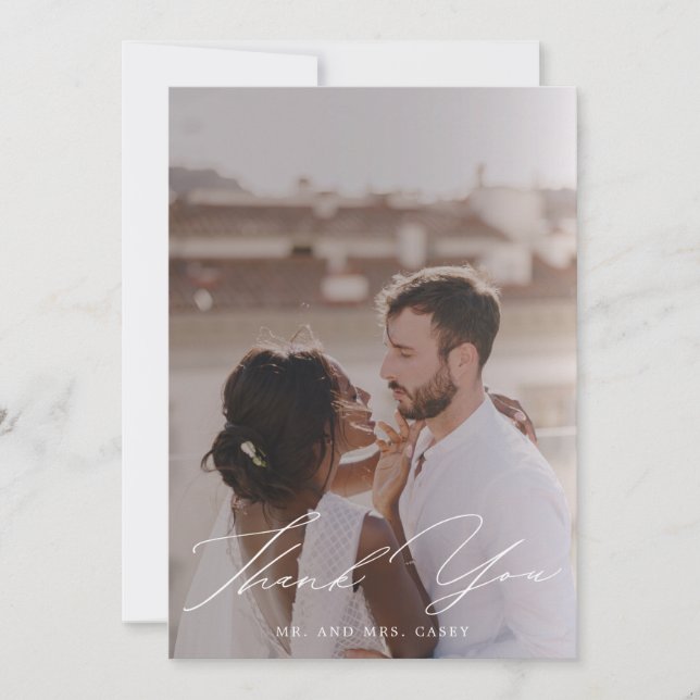 Minimalist White Hand Script Photo Wedding Thank You Card (Front)