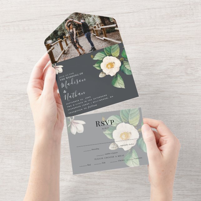 Minimalist White Japanese Camellia Wedding All In One Invitation (Tearaway)