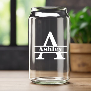 Minimalist White Letter A Monogram and Custom Name Can Glass