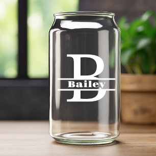 Minimalist White Letter B Monogram and Custom Name Can Glass