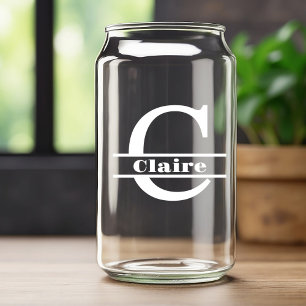 Minimalist White Letter C Monogram and Custom Name Can Glass