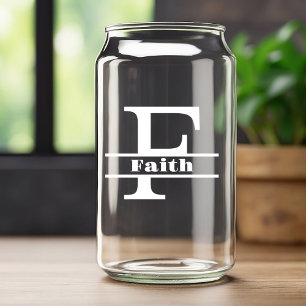 Minimalist White Letter F Monogram and Custom Name Can Glass
