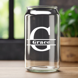 Minimalist White Letter G Monogram and Custom Name Can Glass